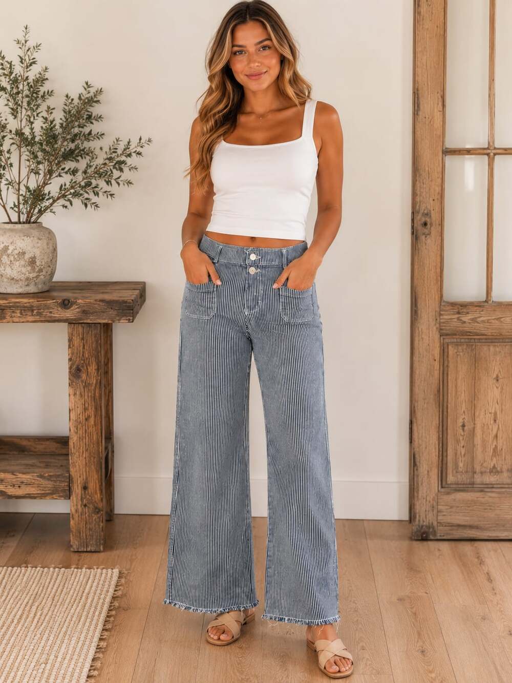 Z3D Striped Flare Jeans Women Small Navy White Raw Hem Patch Pocket Pants